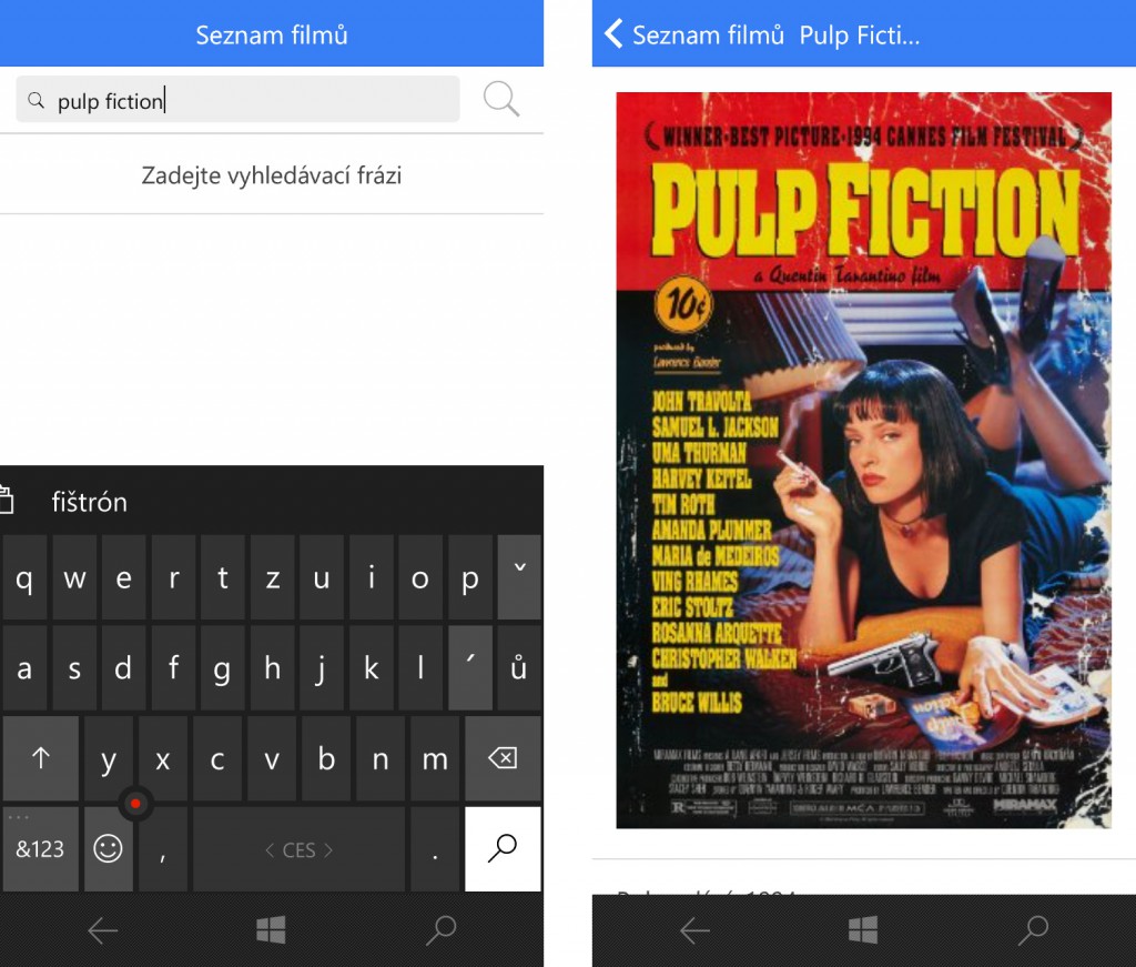 Filmová aplikace v Ionic ze třetího dílu spuštěna na telefonu s Windows 10 Mobile.